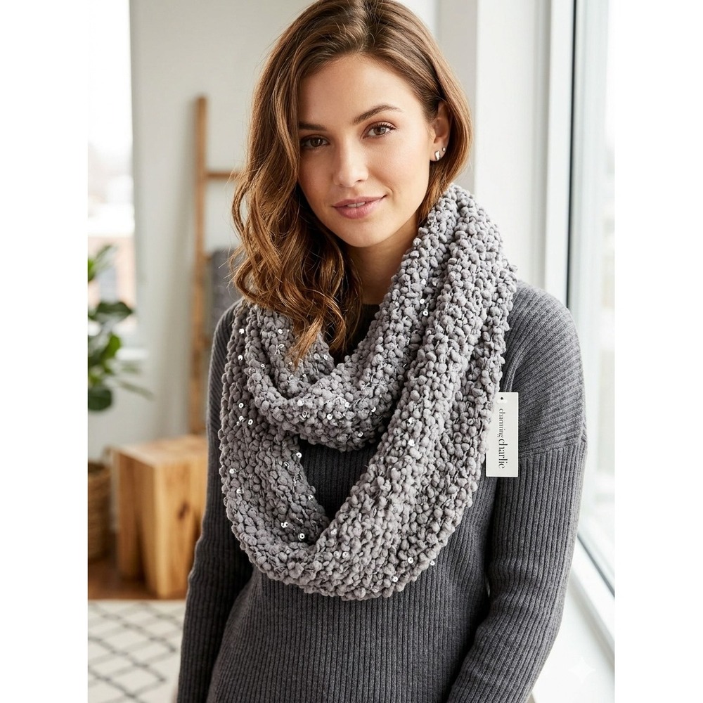 Charming Charlie Women's OS Gray Silver Sequin Popcorn Knit Infinity Scarf NWT